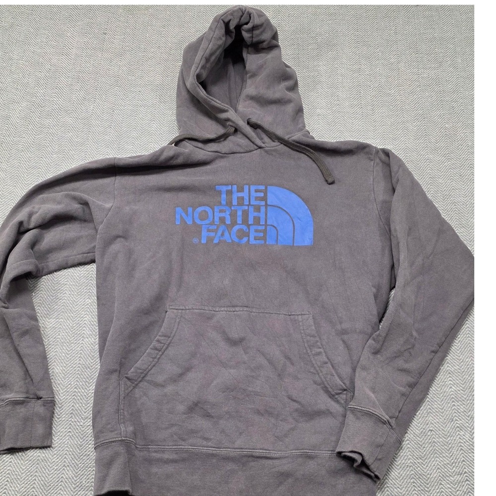 The North Face Mens Large Charcoal Grey Blue Logo Pullover‎ Hoodie Sweatshirt